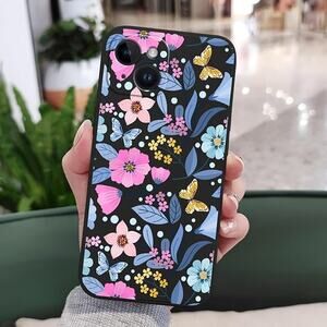 Black and Pink Floral iPhone 15 Pro Case with Butterfly Accents‎